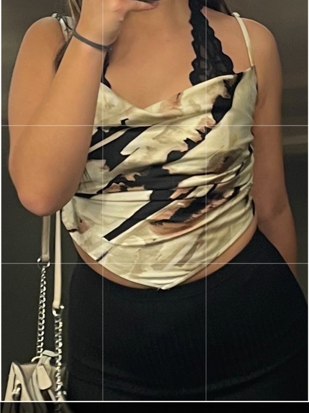 Forever 21 Beige and Black Printed Satin Cowl Crop Top